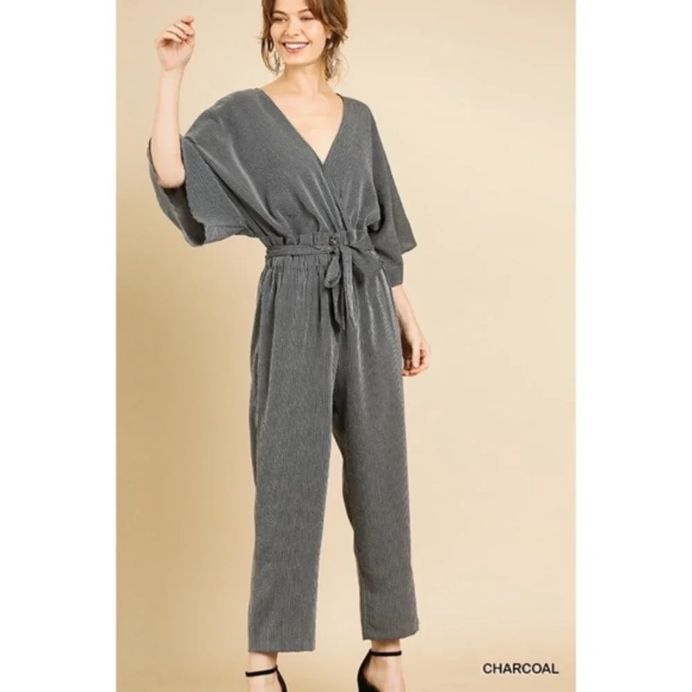 Umgee | Carmen Pinstripe Jumpsuit Paperbag Wide Sleeve Charcoal Black New Medium - Picture 4 of 15